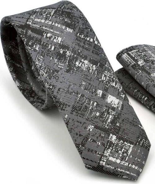 Siyah Beyaz Motif Desenli Gri Dokuma Kumaş Mendilli Slim Fit Kravat  / SDK-220711