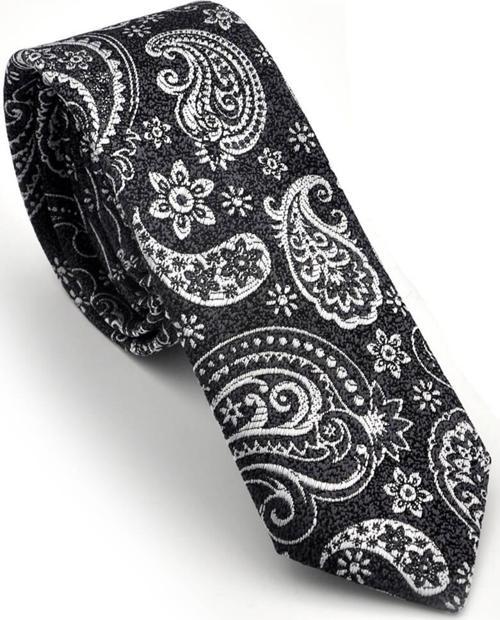 Beyaz Şal Desenli Siyah Dokuma Kumaş Mendilli Slim Fit Kravat  / SDK-230206