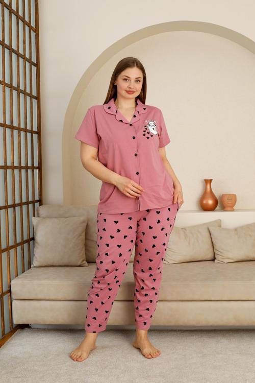 Büyük Beden %100 Pamuk Düğmeli Kadın Pijama Takımı – Rahat ve Şık Gömlek Pijama Tasarımı 