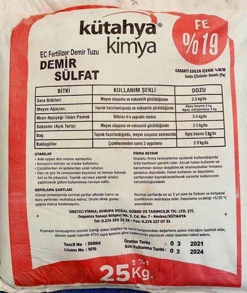 Kimya Demir Sülfat 25 kg