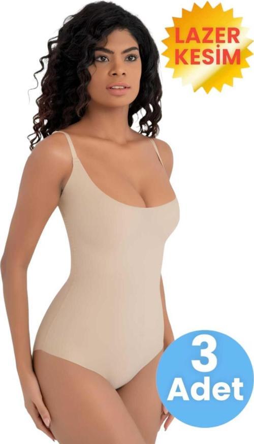 Kadın Lazer Kesim İz Yapmaz Göğüs Destekli Askılı Toparlayıcı Body Slip Korse 3'Lü Set