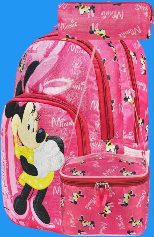 Minnie Baskılı Su Geçirmez Beslenmeli Ve Kalemlikli Ortopedik 3 Bölmeli Okul Çantası 3'Lü Set
