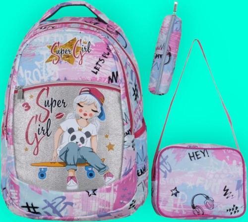 Kız Çocuk Super Girl Desenli Beslenmeli Ve Kalemlikli Okul Çantası 3'Lü Set
