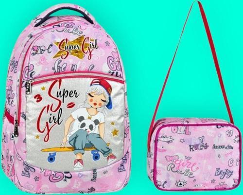 Kız Çocuk Super Girl Desenli Beslenmeli Okul Çantası 2'Li Set