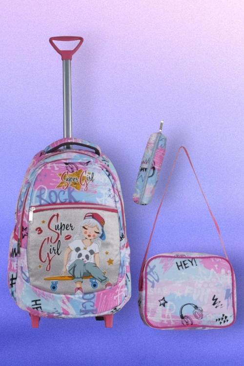 Çekçekli Girl Desenli Beslenmeli Ve Kalemlikli Okul Çantası 3'Lü Set