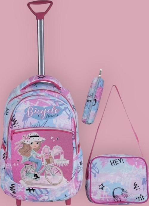Çekçekli Pembe Bisiklet Desenli Beslenmeli Ve Kalemlikli Okul Çantası 3'Lü Set