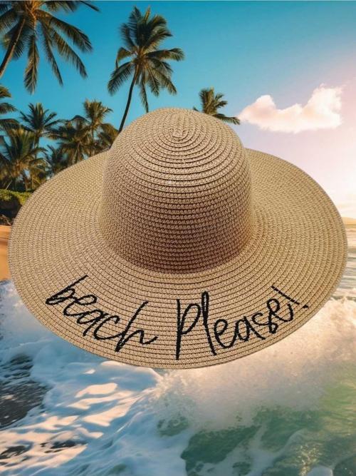 Kadın Beach Please Nakış İşlemeli Hasır Şapka