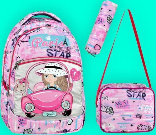 Kız Çocuk Pembe Araba Desenli Beslenmeli Ve Kalemlikli Okul Çantası 3'Lü Set