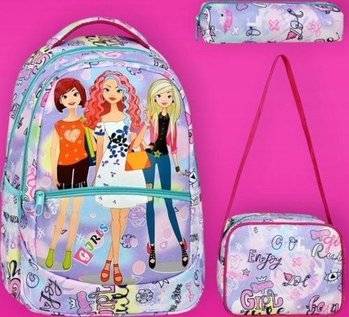 Kız Çocuk Girl Desenli Beslenmeli Ve Kalemlikli Okul Çantası 3'Lü Set