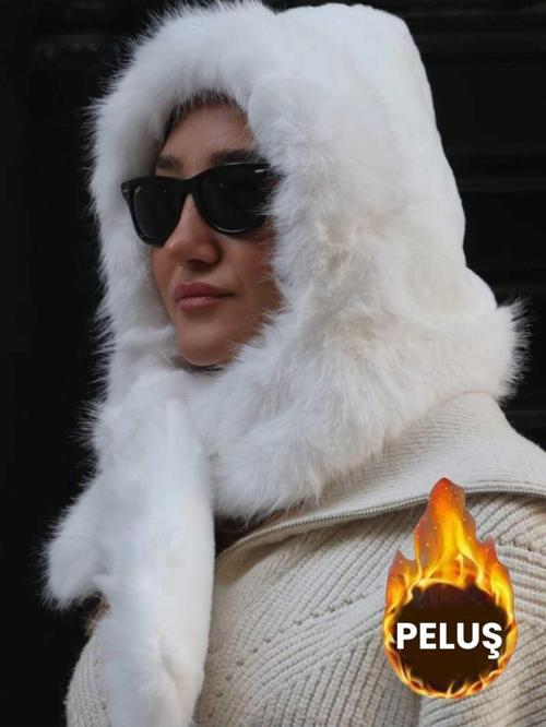 Kadın Suni Kürklü Boyun Bağlamalı Atkılı Peluş Şapka