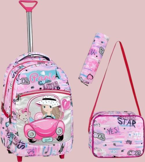 Çekçekli Pembe Araba Desenli Beslenmeli Ve Kalemlikli Okul Çantası 3'Lü Set