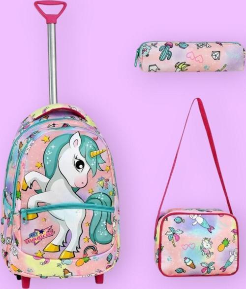 Çekçekli Unicorn Desenli Beslenmeli Ve Kalemlikli Okul Çantası 3'Lü Set
