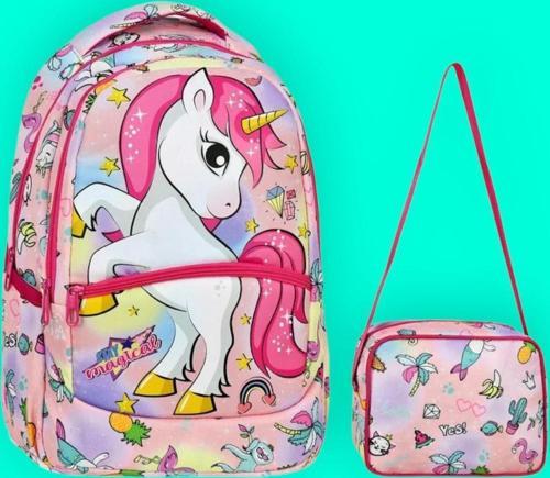 Kız Çocuk Unicorn Desenli Beslenmeli Okul Çantası 2'Li Set