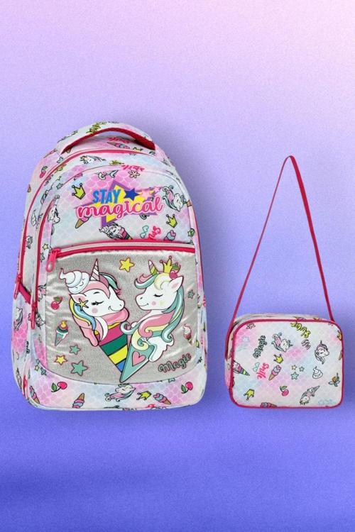 Kız Çocuk Unicorn Desenli Beslenmeli Okul Çantası 2'Li Set