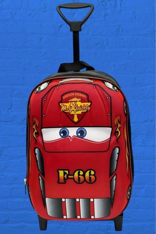 Anaokulu Kreş Kırmızı F-66 Yarış Arabası Lüx 3D Baskılı Çekçekli Tekerli Sırt Ve Okul Çantası