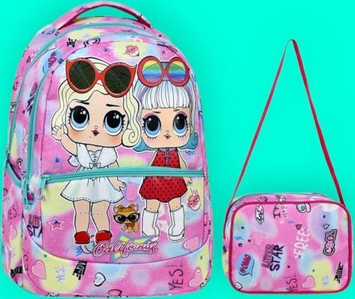 Kız Çocuk Renkli Desenli Beslenmeli Okul Çantası 2'Li Set