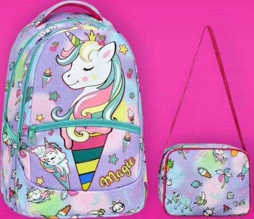 Kız Çocuk Unicorn Desenli Beslenmeli Okul Çantası 2'Li Set