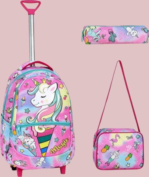 Çekçekli Unicorn Desenli Beslenmeli Ve Kalemlikli Okul Çantası 3'Lü Set