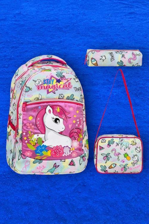 Kız Çocuk Unicorn Desenli Beslenmeli Ve Kalemlikli Okul Çantası 3'Lü Set