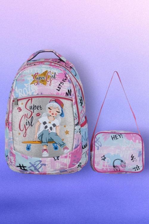 Kız Çocuk Super Girl Desenli Beslenmeli Okul Çantası 2'Li Set