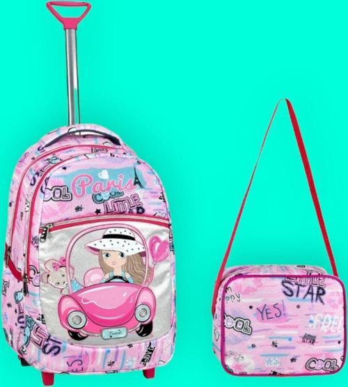 Kız Çocuk Pembe Araba Desenli Beslenmeli Çekçekli Okul Çantası 2'Li Set