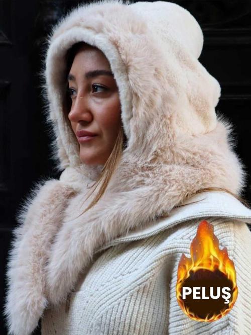 Kadın Suni Kürklü Boyun Bağlamalı Atkılı Peluş Şapka