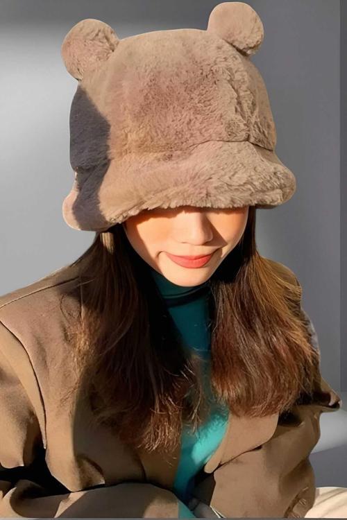 Kadın Sevimli Ayı Kulak Peluş Bucket Şapka