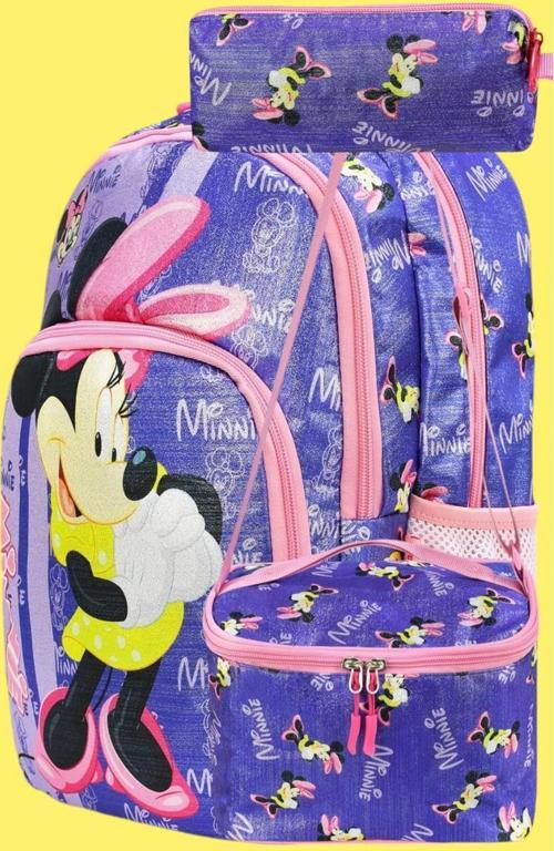 Minnie Baskılı Su Geçirmez Beslenmeli Ve Kalemlikli Ortopedik 3 Bölmeli Okul Çantası 3'Lü Set