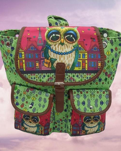 Kadın Lacoste Kumaş Baykuş Desenli Sırt Çantası
