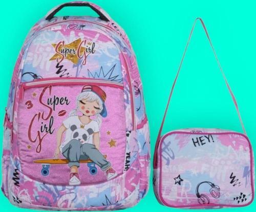 Kız Çocuk Super Girl Desenli Beslenmeli Okul Çantası 2'Li Set