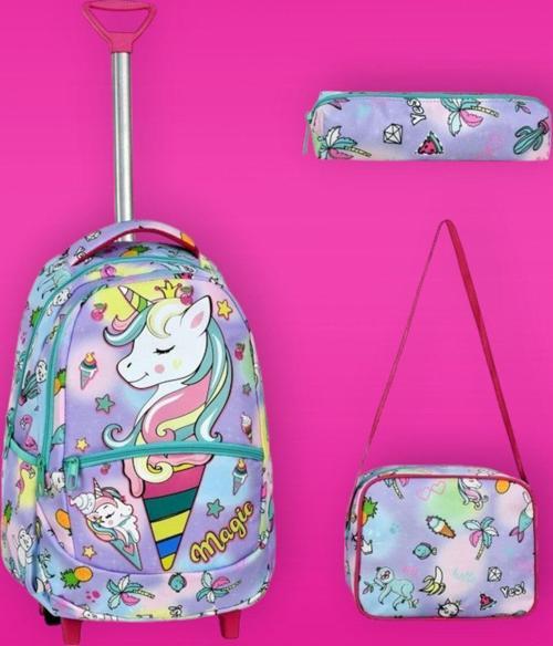 Çekçekli Unicorn Desenli Beslenmeli Ve Kalemlikli Okul Çantası 3'Lü Set