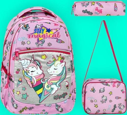 Kız Çocuk Unicorn Desenli Beslenmeli Ve Kalemlikli Okul Çantası 3'Lü Set