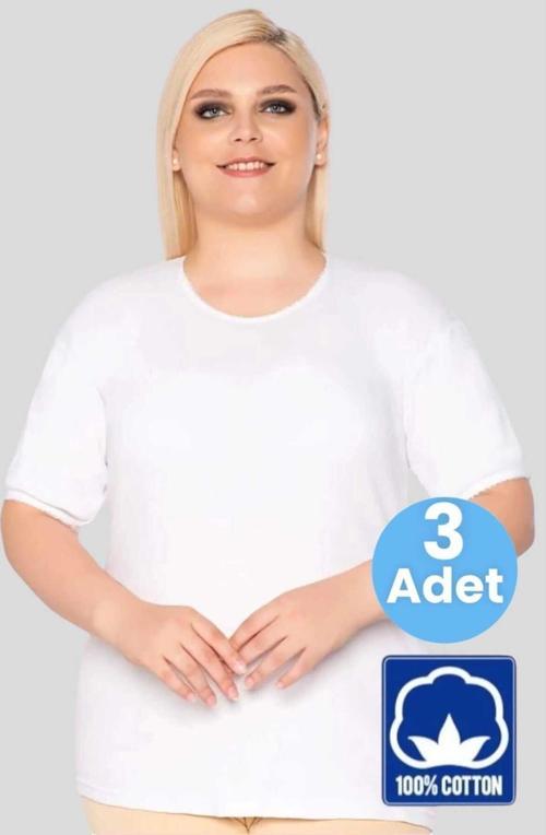 Kadın % 100 Pamuklu  Büyük Beden Dantelli Kısa Kollu Atlet Fanila 3 Adet