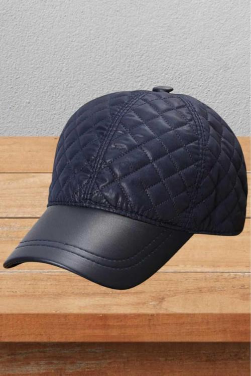 Kapitone Vegan Deri Su Geçirmez Kışlık Beyzbol Kep Ayarlanabilir Unisex Şapka Siyah