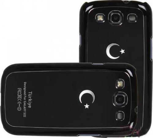 Galaxy S3 i9300 ile Uyumlu Sert Kauçuk Kılıf Ay Yıldızlı Model Siyah Renk