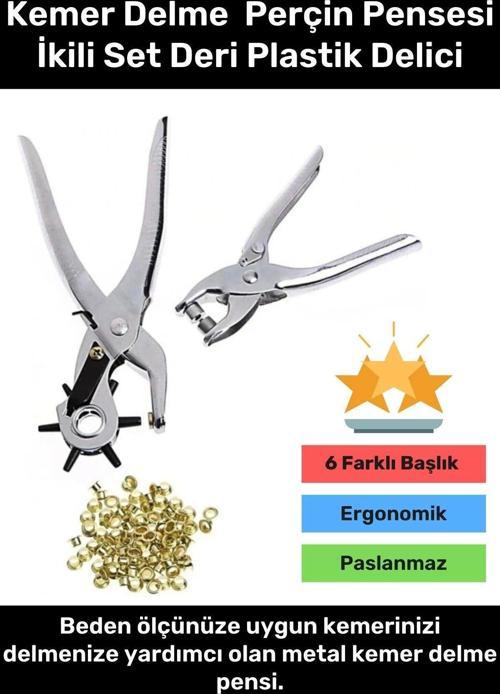 Premium 6 Farklı Başlık Uçlu Pratik Delgeç Kemer Delme Perçin Pensesi İkili Set Deri Plastik Delici