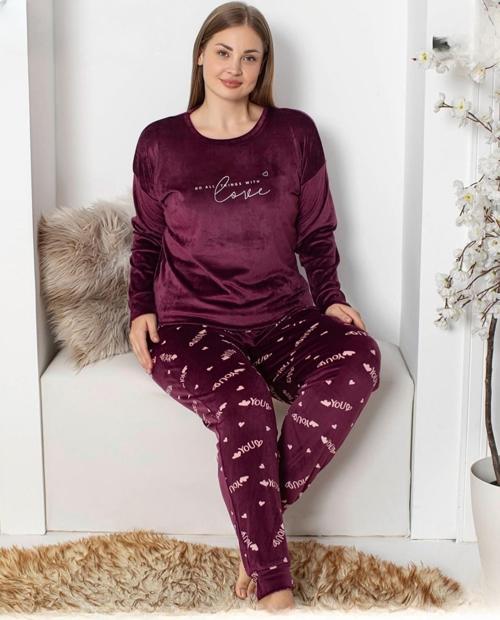 Kadın Kadife Büyük Beden Bisiklet Yaka Uzun Kol Pijama Takımı 4230/9- 1 Adet Vişne-3XL