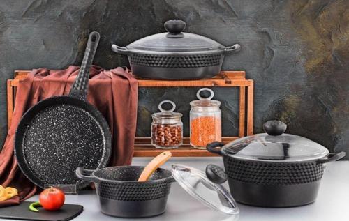 GS-6055 Arya Siyah 7 Parça Döküm Tencere Seti