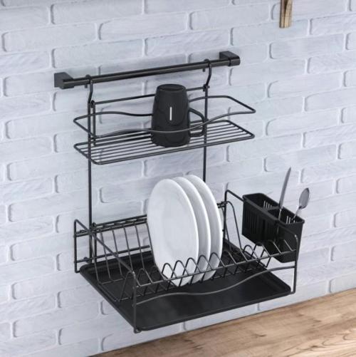Home Borulu Askılı Bardaklık Tabaklık Bulaşıklık Mat Siyah KB013S
