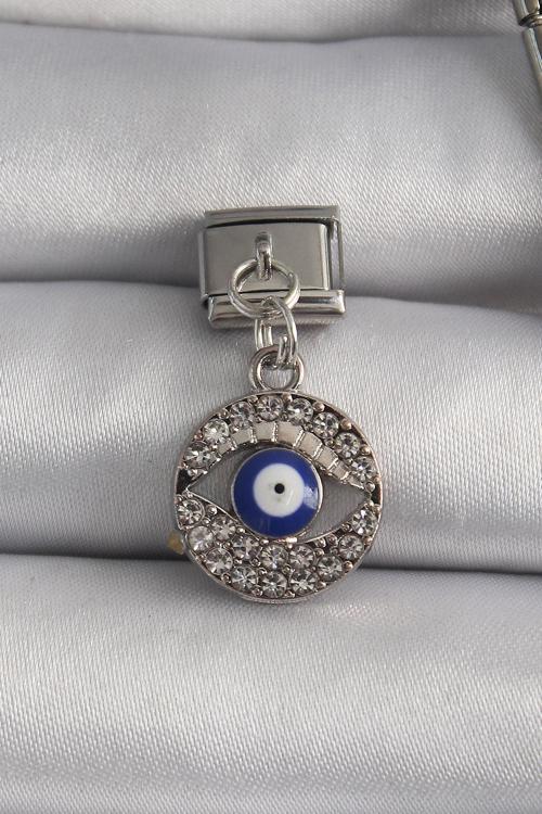 Gümüş Renk Sallantı Zirkon Taşlı Göz Model Nazar Boncuk Detay Nomination Charm - EBJ250113W30344