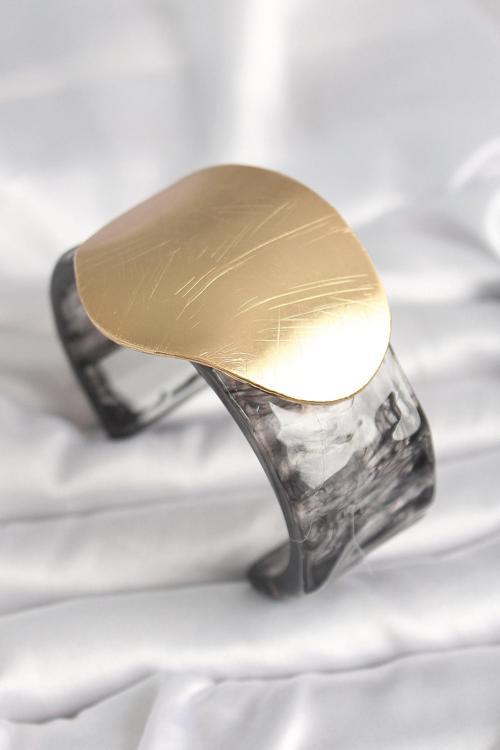 Siyah Mermer Desen Akrilik Plastik Gold Daire Plaka Model Vintage Kadın Bilezik - EBJ250201W30892