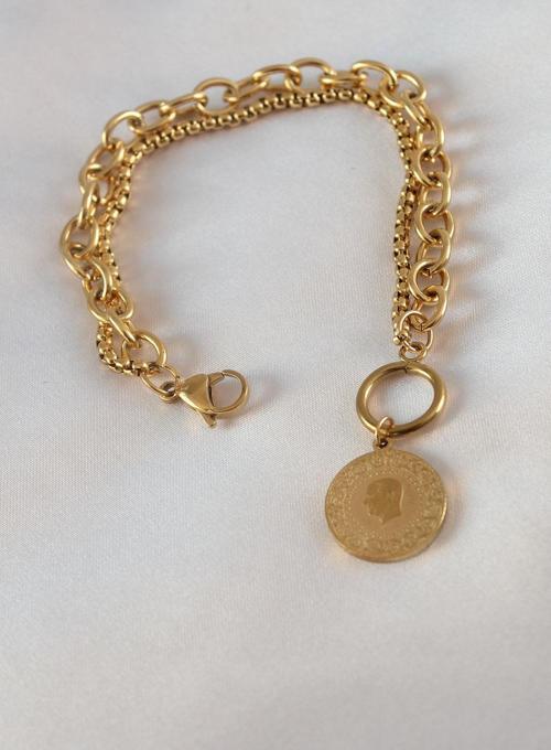 Gold Renk 2'li Zincir Model Çeyrek Altınlı Kadın Bileklik - EBJ250201W30862