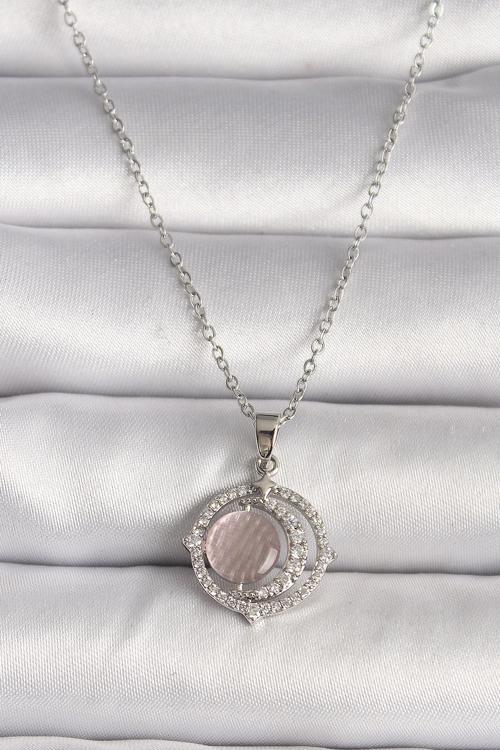 Gümüş Renk Zirkon Taşlı Pembe Sedefli Hilal Model Kadın Kolye - EBJ250118W30757