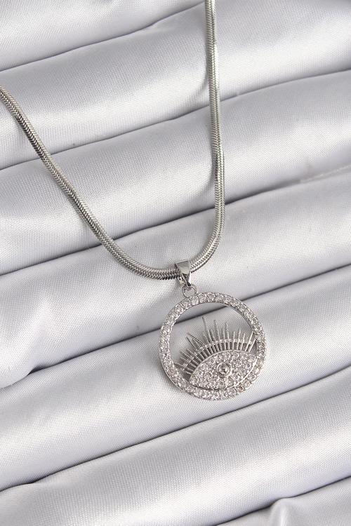 Gümüş Renk İtalyan Zincir Zirkon Taşlı Göz Model Kadın Kolye - EBJ241214W29946