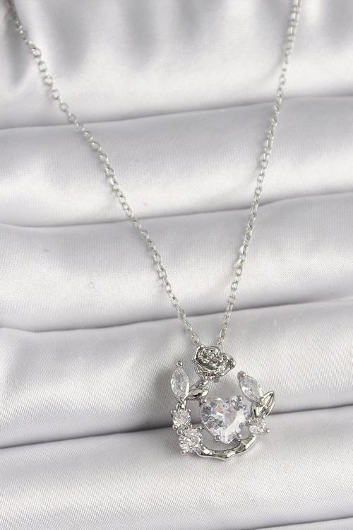 Gümüş Renk Zincir Zirkon Taşlı Kalp Figür Gül Detay Kadın Kolye - EBJ250207W31103