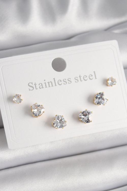 Gold Renk Zirkon Taşlı Kalp Model Kadın Küpe Seti - EBJ241228W30181