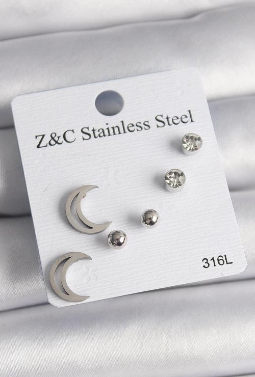 Gümüş Renk Zirkon Taşlı Hilal Model Kadın Küpe Seti - EBJ250118W30647