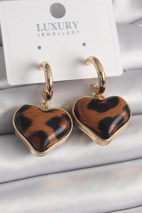 Pirinç Gold Renk 3D Kalp Leopar Desen Model Kadın Küpe - EBJ241228W30176