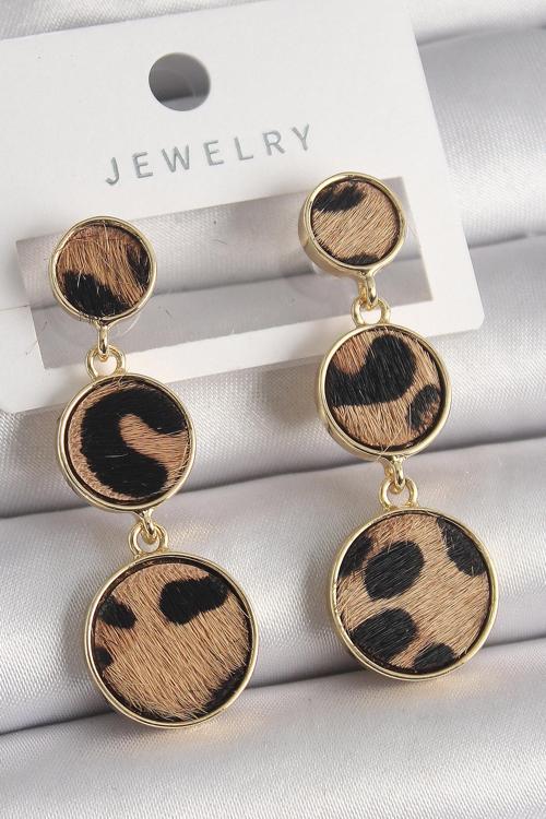 Pirinç Gold Renk 3'Lü Leopar Desenli Sallantı Daire Plaka Model Kadın Küpe - EBJ241228W30192