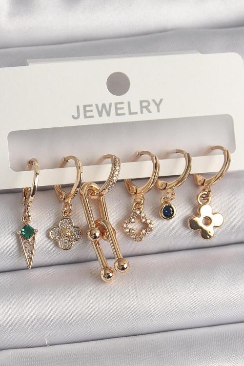 Pirinç Gold Renk Çoklu Figür Kadın Küpe Seti - EBJ250201W30968